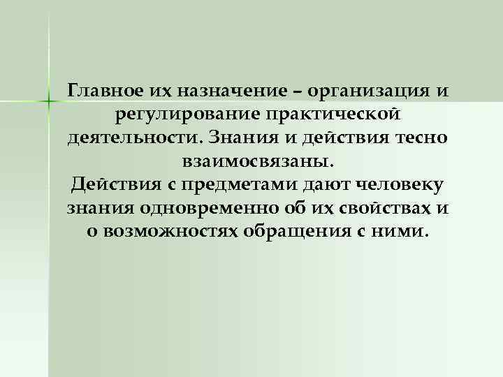 Главное их назначение – организация и регулирование практической деятельности. Знания и действия тесно взаимосвязаны.