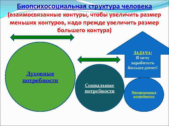 Биопсихосоциальная структура человека (взаимосвязанные контуры, чтобы увеличить размер меньших контуров, надо прежде увеличить размер