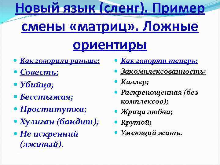 Новый язык (сленг). Пример смены «матриц» . Ложные ориентиры Как говорили раньше: Совесть; Убийца;
