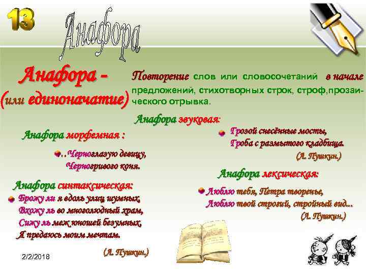 Анафора - (или единоначатие) Повторение слов или словосочетаний в начале предложений, стихотворных строк, строф,