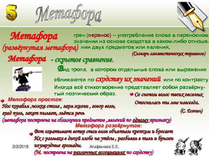 Метафора греч. (перенос) – употребление слова в переносном значении на основе сходства в каком-либо