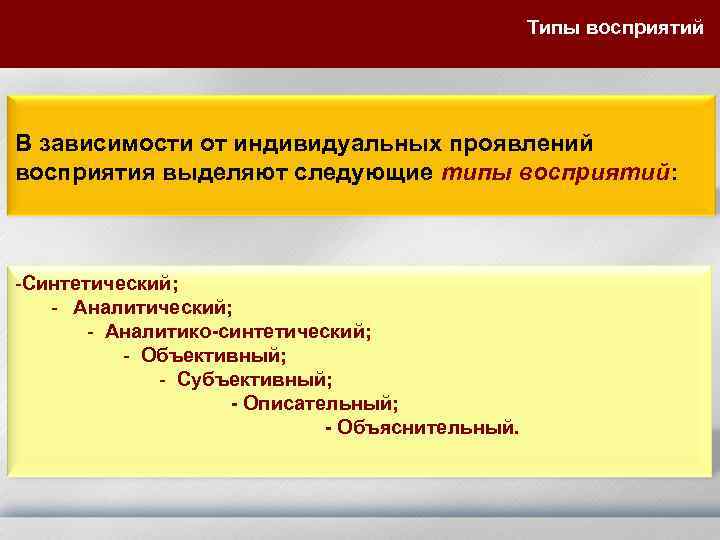 Типы восприятий В зависимости от индивидуальных проявлений восприятия выделяют следующие типы восприятий: -Синтетический; -