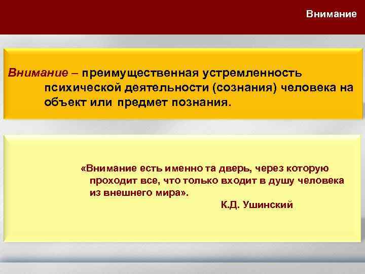 Внимание – преимущественная устремленность психической деятельности (сознания) человека на объект или предмет познания. «Внимание
