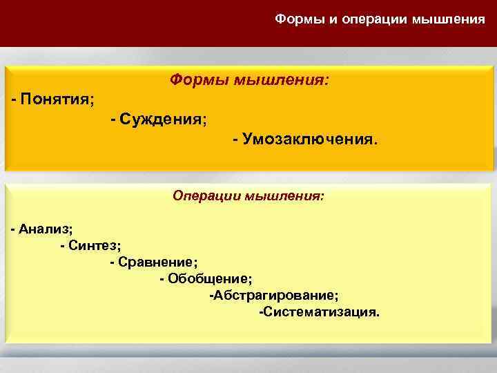 Формы и операции мышления Формы мышления: - Понятия; - Суждения; - Умозаключения. Операции мышления: