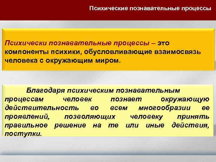 Психические познавательные процессы Психически познавательные процессы – это компоненты психики, обусловливающие взаимосвязь человека с