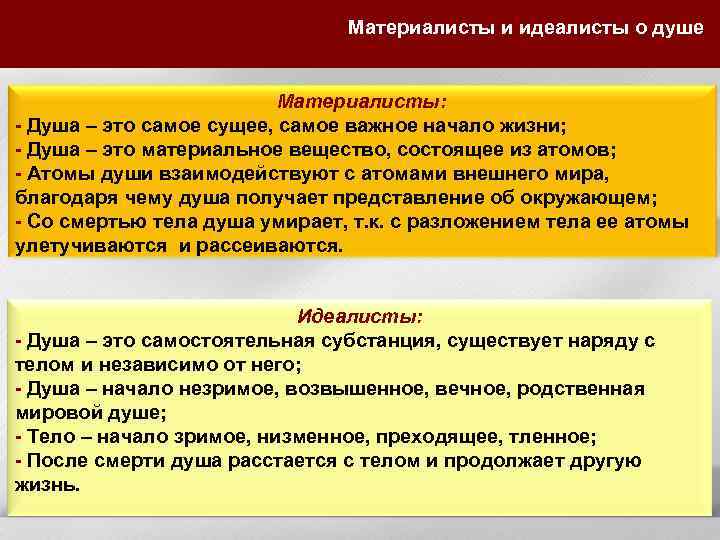 Материалисты и идеалисты о душе Материалисты: - Душа – это самое сущее, самое важное