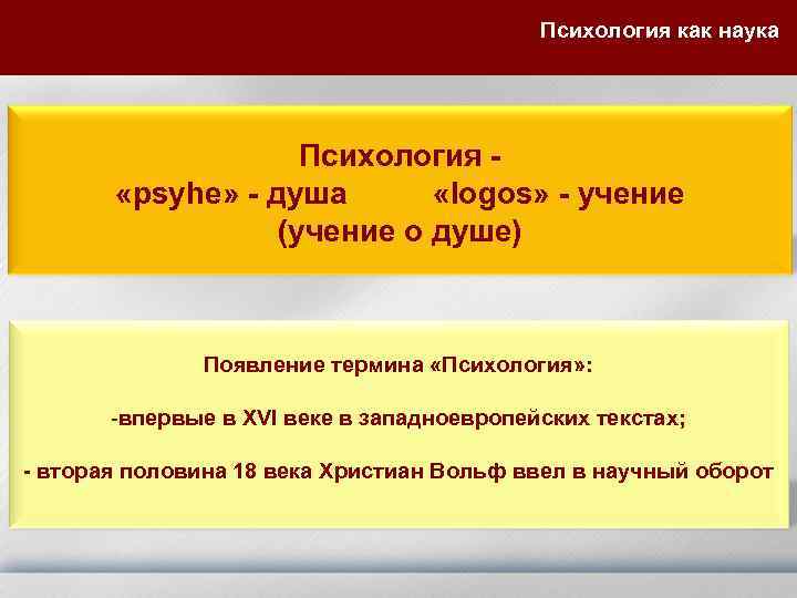 Психология как наука Психология «psyhе» - душа «logos» - учение (учение о душе) Появление