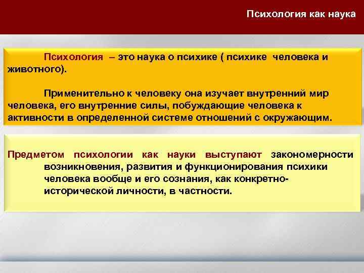 Психология как наука Психология – это наука о психике ( психике человека и животного).