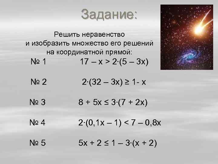 Задание: Решить неравенство и изобразить множество его решений на координатной прямой: № 1 17