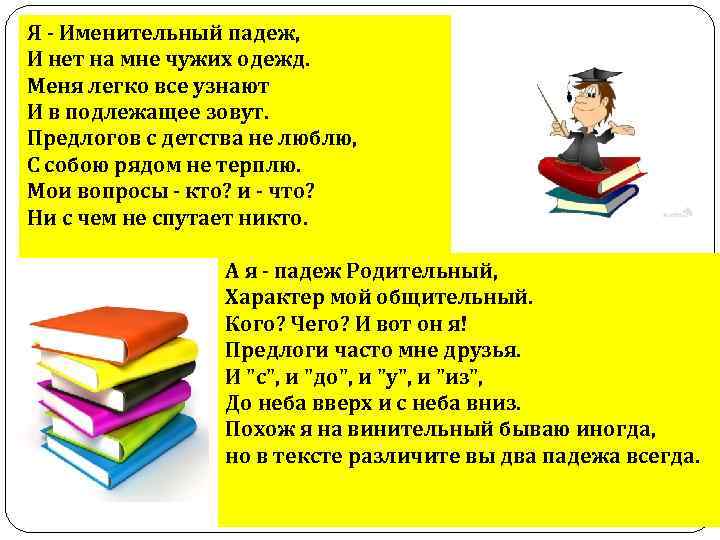 Я - Именительный падеж, И нет на мне чужих одежд. Меня легко все узнают