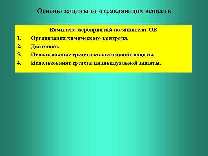 Основы защиты от отравляющих веществ 1. 2. 3. 4. Комплекс мероприятий по защите от