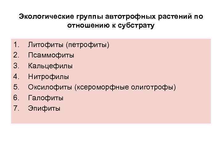 Экологические группы автотрофных растений по отношению к субстрату 1. 2. 3. 4. 5. 6.