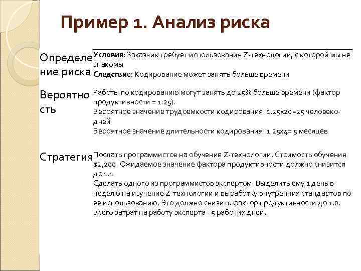 Пример 1. Анализ риска Определе Условия: Заказчик требует использования Z-технологии, с которой мы не