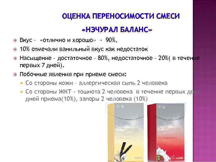  ОЦЕНКА ПЕРЕНОСИМОСТИ СМЕСИ «НЭЧУРАЛ БАЛАНС» Вкус – «отлично и хорошо» - 90%, 10%