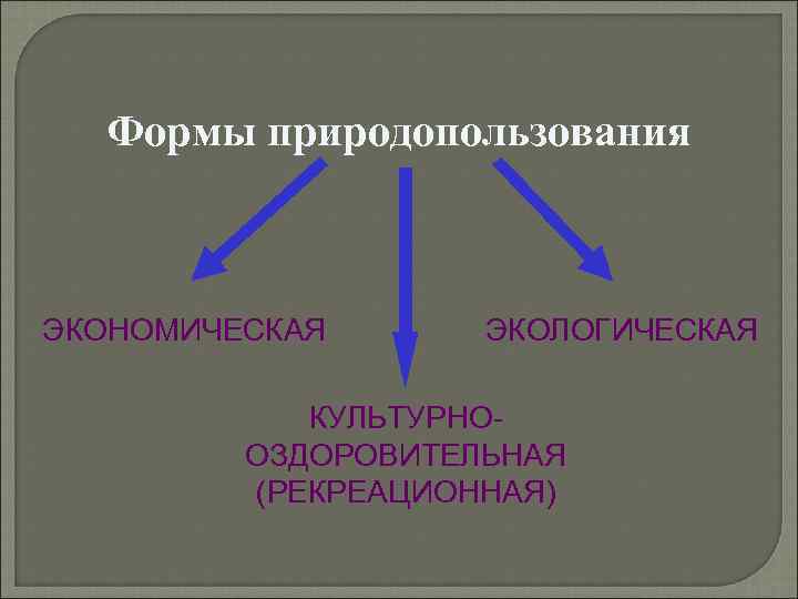 Формы природопользования ЭКОНОМИЧЕСКАЯ ЭКОЛОГИЧЕСКАЯ КУЛЬТУРНООЗДОРОВИТЕЛЬНАЯ (РЕКРЕАЦИОННАЯ) 
