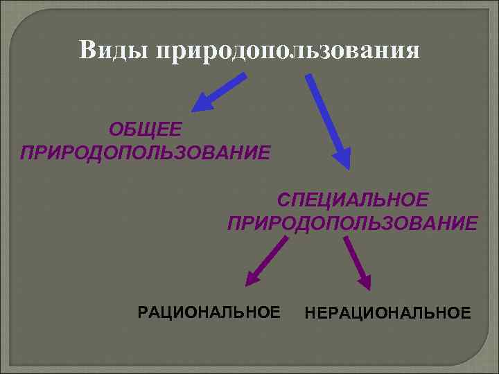 Виды природопользования ОБЩЕЕ ПРИРОДОПОЛЬЗОВАНИЕ СПЕЦИАЛЬНОЕ ПРИРОДОПОЛЬЗОВАНИЕ РАЦИОНАЛЬНОЕ НЕРАЦИОНАЛЬНОЕ 