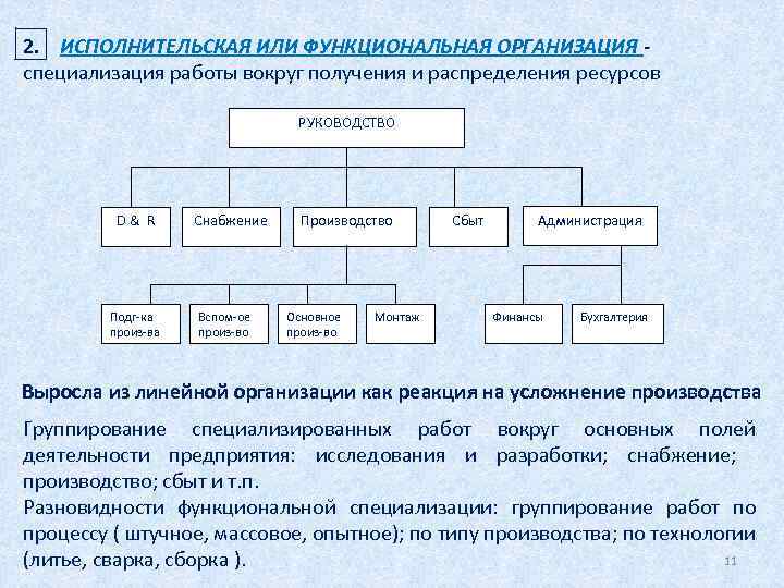 2. ИСПОЛНИТЕЛЬСКАЯ ИЛИ ФУНКЦИОНАЛЬНАЯ ОРГАНИЗАЦИЯ специализация работы вокруг получения и распределения ресурсов РУКОВОДСТВО D