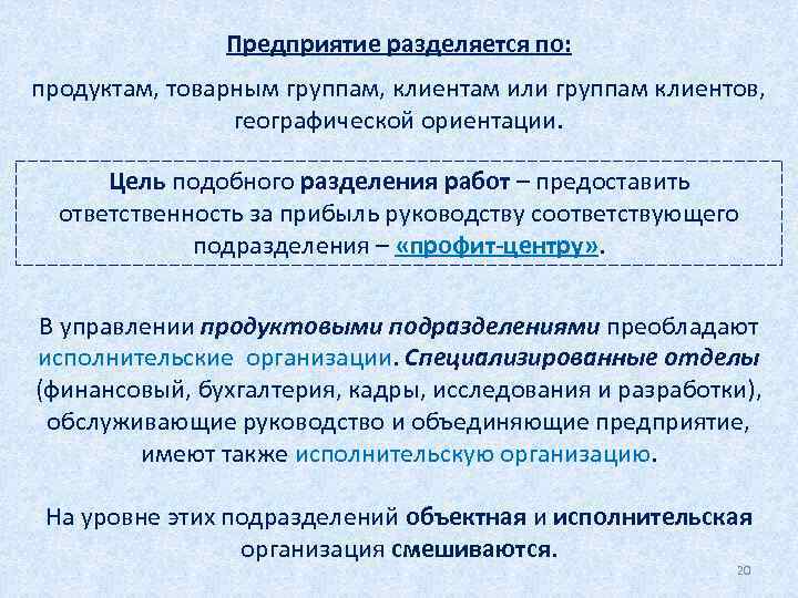 Предприятие разделяется по: продуктам, товарным группам, клиентам или группам клиентов, географической ориентации. Цель подобного