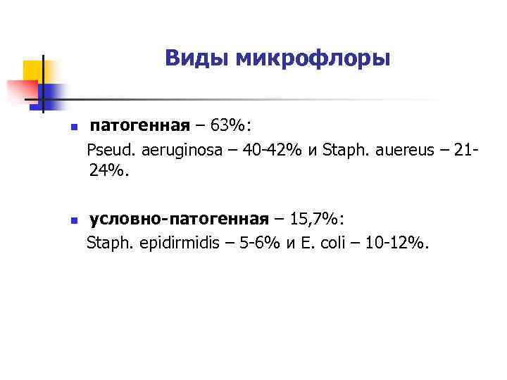 Виды микрофлоры n n патогенная – 63%: Pseud. aeruginosa – 40 -42% и Staph.