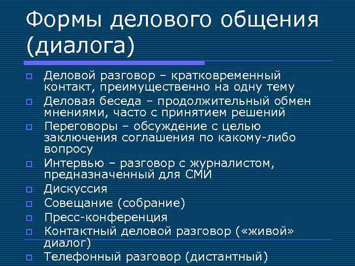 Формы делового общения (диалога) o o o o o Деловой разговор – кратковременный контакт,