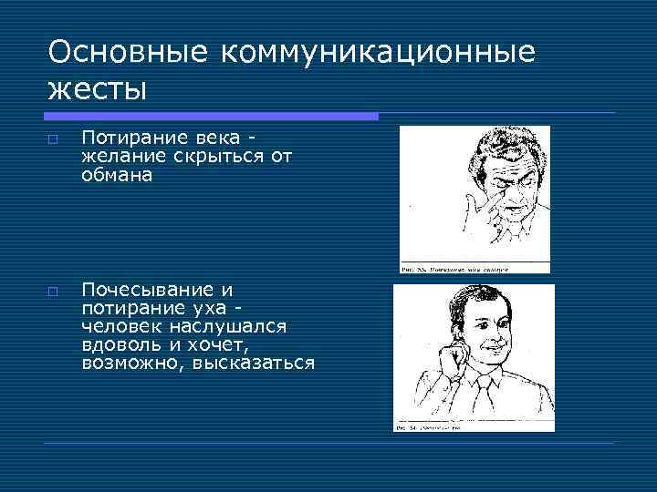 Основные коммуникационные жесты o o Потирание века - желание скрыться от обмана Почесывание и