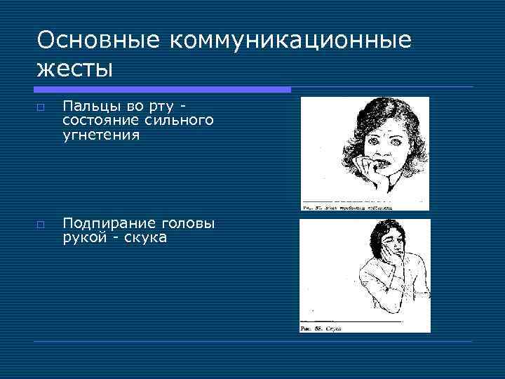 Основные коммуникационные жесты o o Пальцы во рту - состояние сильного угнетения Подпирание головы