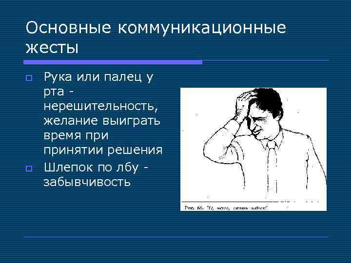 Основные коммуникационные жесты o o Рука или палец у рта - нерешительность, желание выиграть