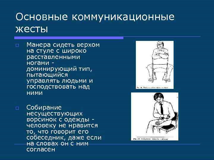 Основные коммуникационные жесты o o Манера сидеть верхом на стуле с широко расставленными ногами