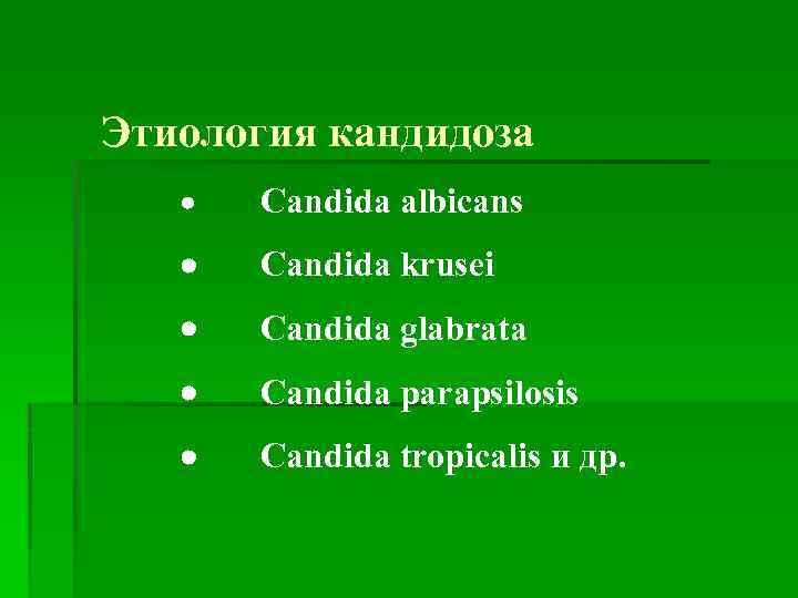 Этиология кандидоза Candida albicans Candida krusei Candida glabrata Candida parapsilosis Candida tropicalis и др.