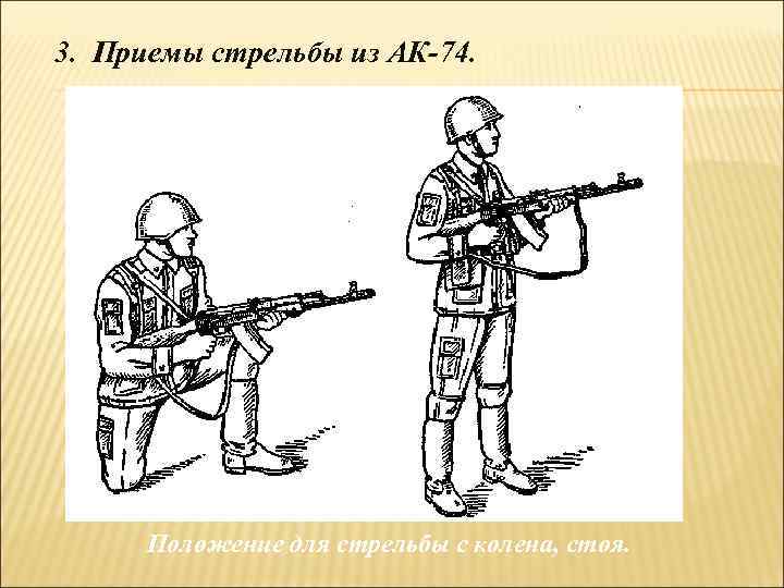 3. Приемы стрельбы из АК-74. Положение для стрельбы с колена, стоя. 