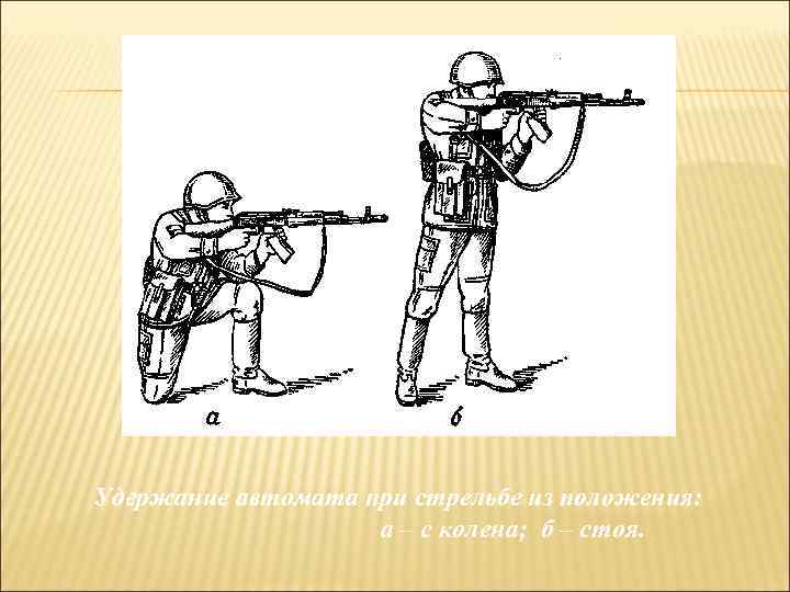 Удержание автомата при стрельбе из положения: а – с колена; б – стоя. 