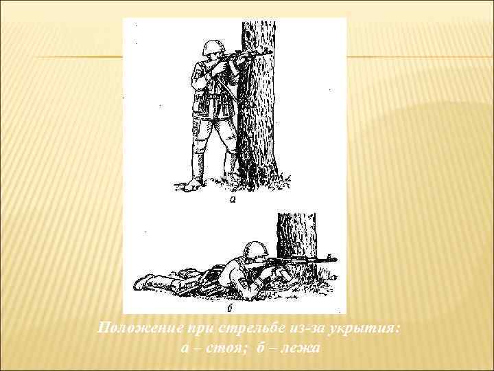 Положение при стрельбе из-за укрытия: а – стоя; б – лежа 