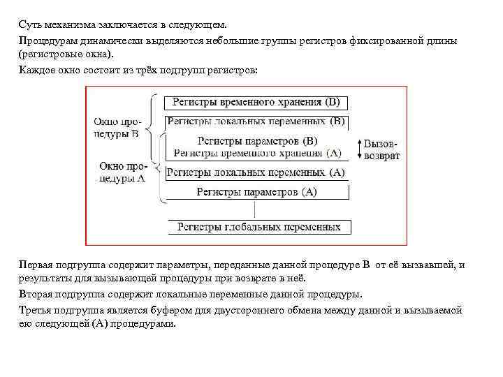 Суть механизма заключается в следующем. Процедурам динамически выделяются небольшие группы регистров фиксированной длины (регистровые