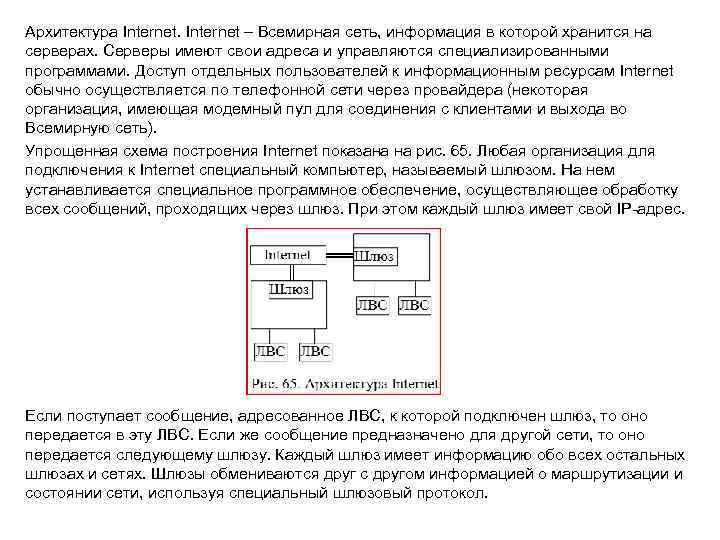 Архитектура Internet – Всемирная сеть, информация в которой хранится на серверах. Серверы имеют свои