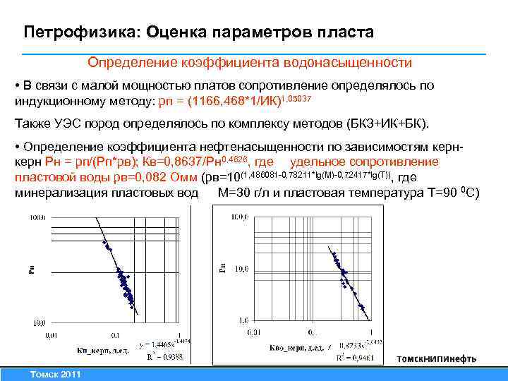  Петрофизика: Оценка параметров пласта Определение коэффициента водонасыщенности • В связи с малой мощностью