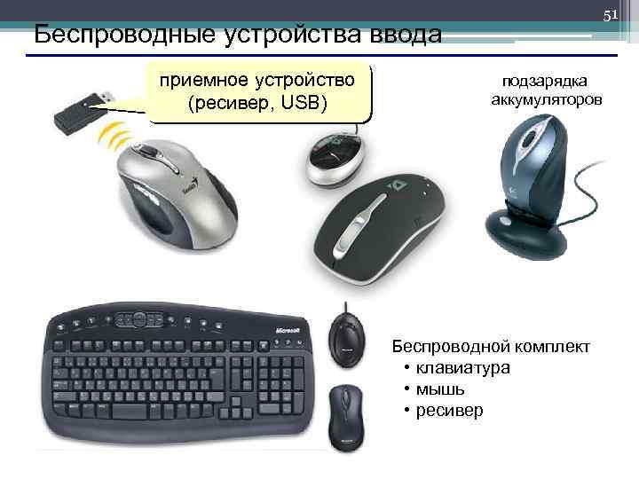  51 Беспроводные устройства ввода приемное устройство подзарядка (ресивер, USB) аккумуляторов Беспроводной комплект •