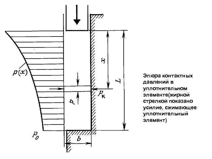 Эпюра контактных давлений в уплотнительном элементе(жирной стрелкой показано усилие, сжимающее уплотнительный элемент) 