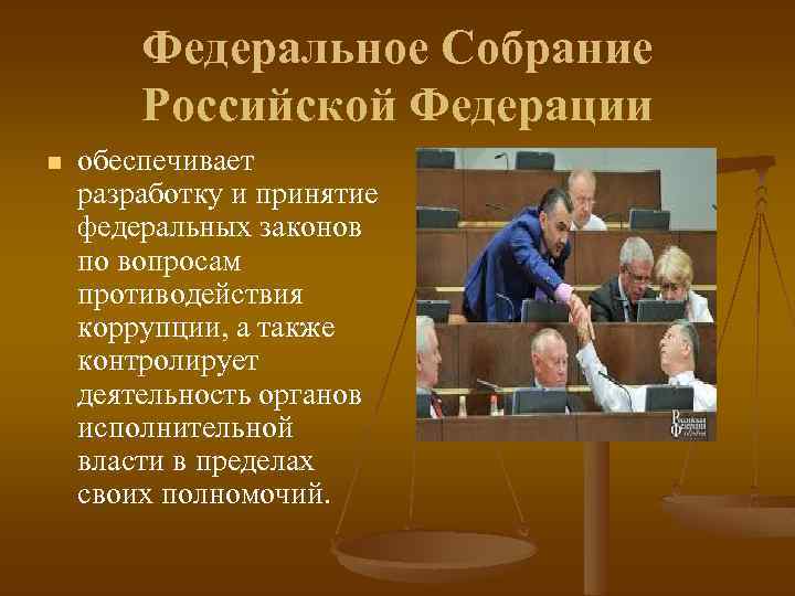 Федеральное Собрание Российской Федерации n обеспечивает разработку и принятие федеральных законов по вопросам противодействия