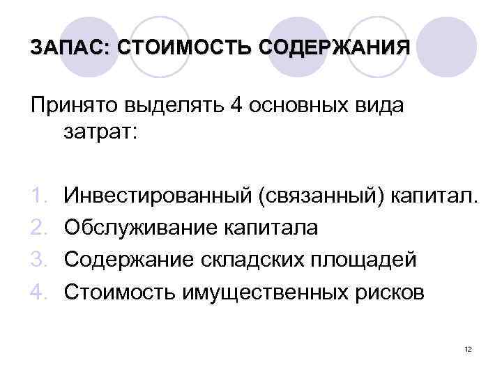 ЗАПАС: СТОИМОСТЬ СОДЕРЖАНИЯ Принято выделять 4 основных вида затрат: 1. 2. 3. 4. Инвестированный