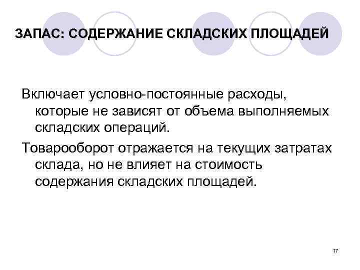 ЗАПАС: СОДЕРЖАНИЕ СКЛАДСКИХ ПЛОЩАДЕЙ Включает условно-постоянные расходы, которые не зависят от объема выполняемых складских