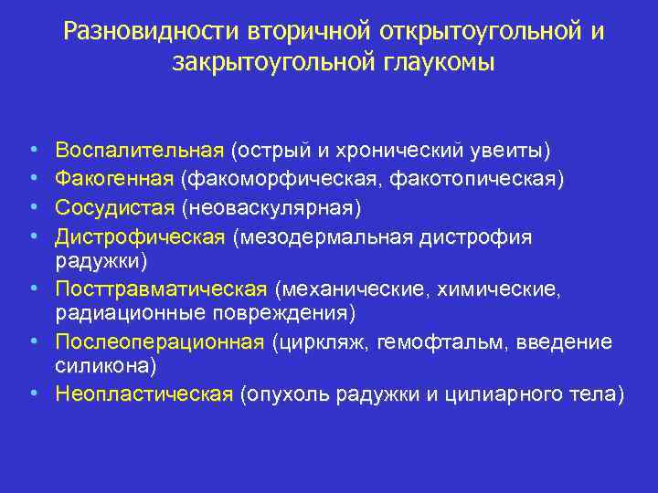 Разновидности вторичной открытоугольной и закрытоугольной глаукомы • • Воспалительная (острый и хронический увеиты) Факогенная