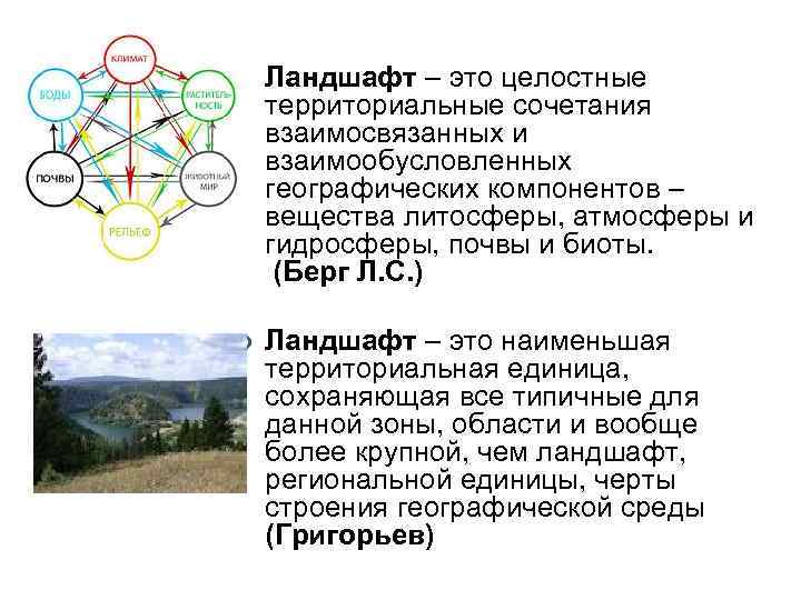 ¢ Ландшафт – это целостные территориальные сочетания взаимосвязанных и взаимообусловленных географических компонентов – вещества