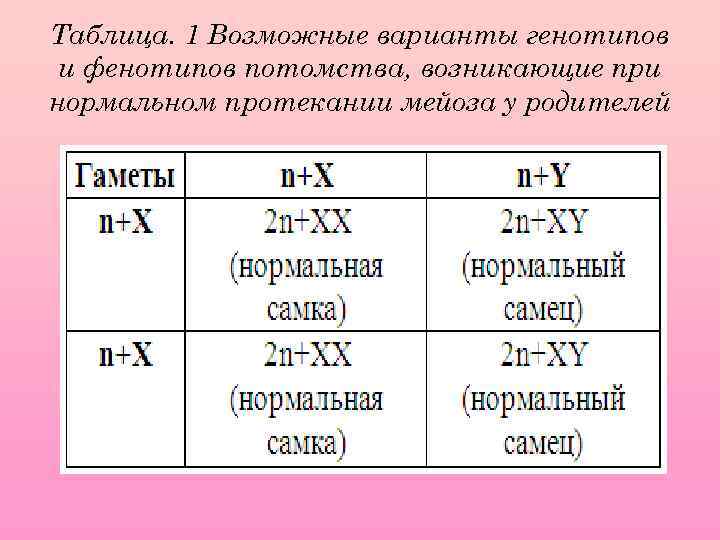Таблица. 1 Возможные варианты генотипов и фенотипов потомства, возникающие при нормальном протекании мейоза у