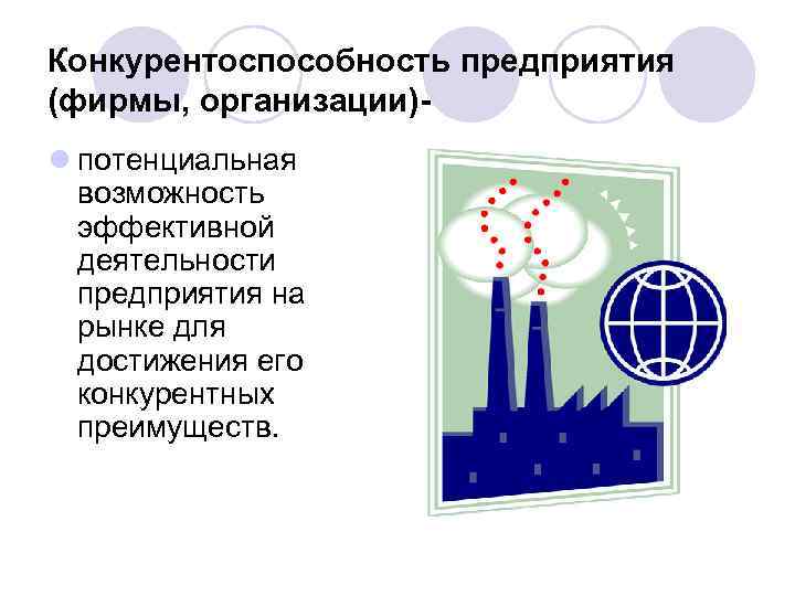 Конкурентоспособность предприятия (фирмы, организации)l потенциальная возможность эффективной деятельности предприятия на рынке для достижения его