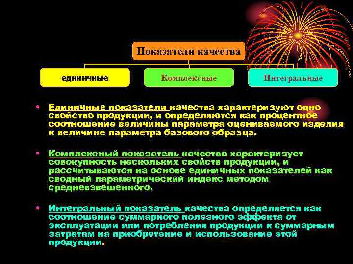 Показатели качества единичные Комплексные Интегральные • Единичные показатели качества характеризуют одно свойство продукции, и