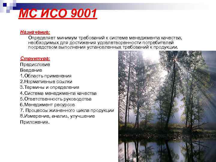 МС ИСО 9001 Назначение: Определяет минимум требований к системе менеджмента качества, необходимых для достижения