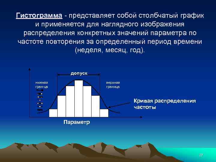 Гистограмма - представляет собой столбчатый график и применяется для наглядного изображения распределения конкретных значений