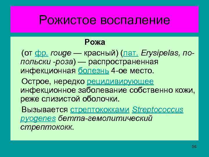 Рожистое воспаление Рожа (от фр. rouge — красный) (лат. Erysipelas, попольски -роза) — распространенная