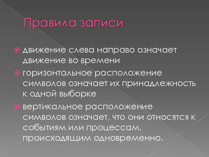 Правила записи движение слева направо означает движение во времени горизонтальное расположение символов означает их