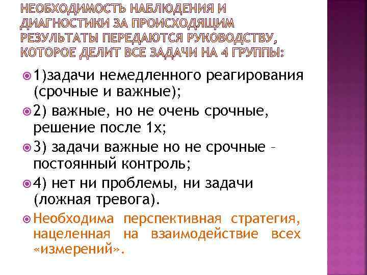  1)задачи немедленного реагирования (срочные и важные); 2) важные, но не очень срочные, решение